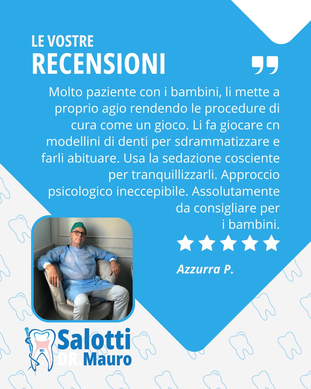 Le parole di questa mamma raccontano esattamente il nostro approccio: trasformare la visita dal dentista in un’esperienza serena, educativa e senza paura 💙

Grazie alla sedazione cosciente e a un approccio psicologico attento, aiutiamo anche i più piccoli a vivere la cura dei denti con il sorriso. 😁

👶 Prendersi cura della salute orale dei bambini significa costruire fiducia che dura tutta la vita.

#dentistaperbambini #sedazionecosciente #sorrisobambini #prevenzione #dottorsalotti #studioodontoiatrico